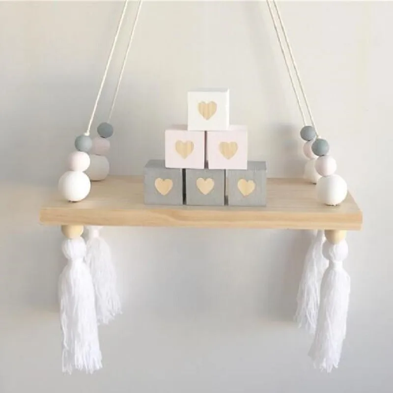 Nordic Home Wall Hanging Wooden Ornaments Beads Board Storage Shelf Kids Room Nursery Decor with Tassels | Дом и сад