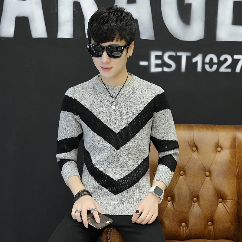 Свитер мужской тонкий в полоску с круглым вырезом и длинным рукавом|Джемперы| |