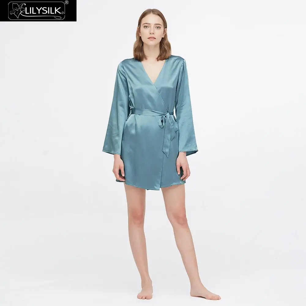 Blue Haze LilySilk шелковый халат 22 Momme свободный без воротника роскошный женский - Цвет: Blue Haze
