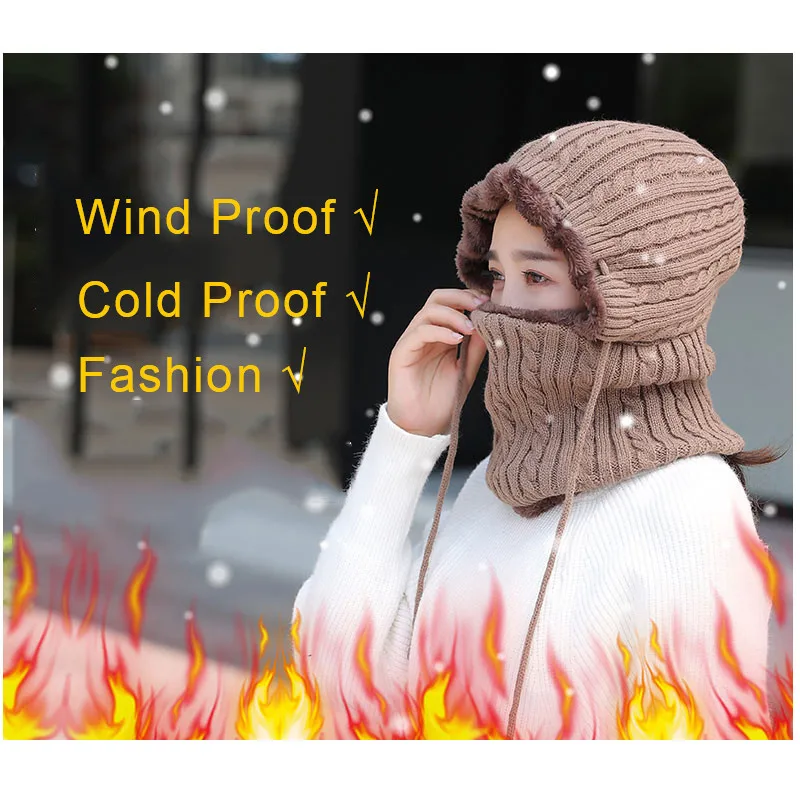 Knitted Winter Hats Women Wind Cold Proof 2018 Thickening Thermal Caps Neck Warmer Skullies Beanies Gorros Mujer Invierno | Аксессуары