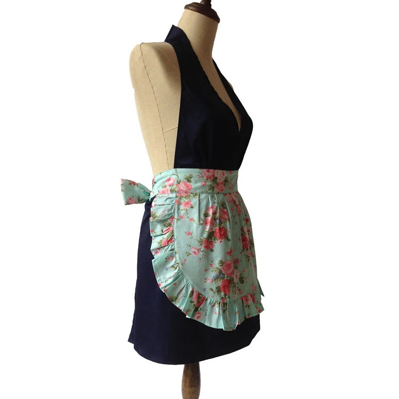 V образный вырез Ретро Кухня фартук Для женщин темно синего и розового цвета с