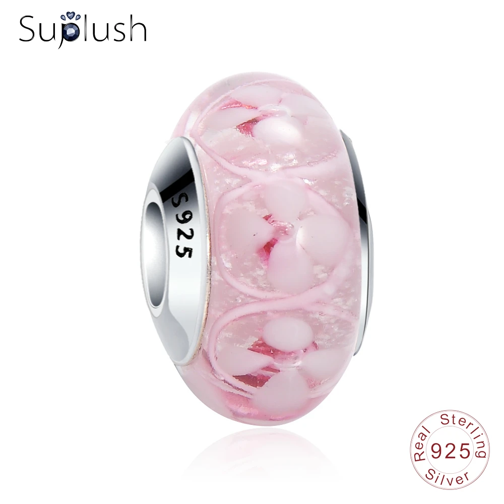 Suplush 925 Стерлинговое серебро розовое поле цветов Шарм муранские стеклянные