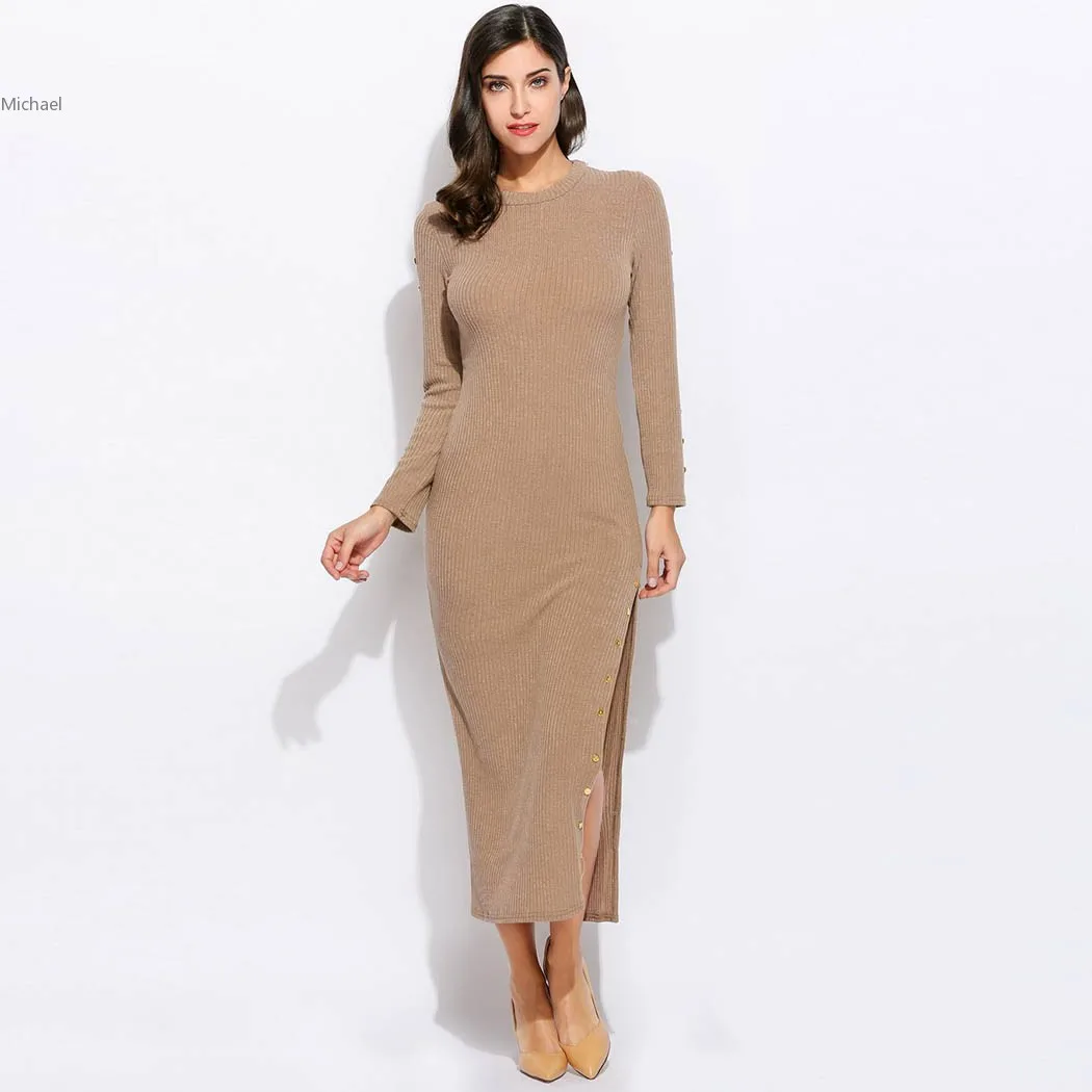 Fanala Для женщин Вязание платье с длинным рукавом Разделение низ Винтаж длинные