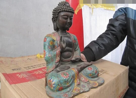 Тибет Буддизм Фейн 100% Pure Bronze перегородчатой Амитабха Татхагата Статуя Будды