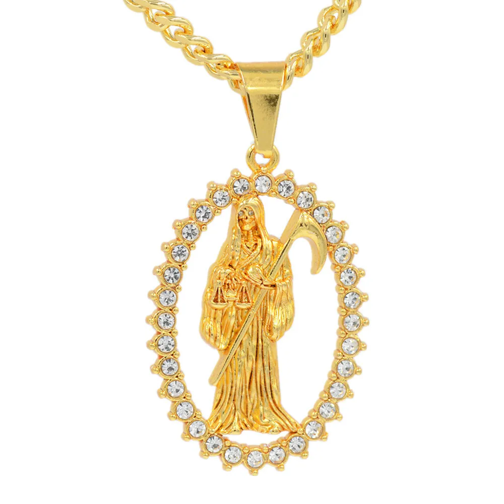

Uodesign Top Quality Gold Color Holy Saint Death Santa Muerte Men's Biker Hiphop Pendant Necklace