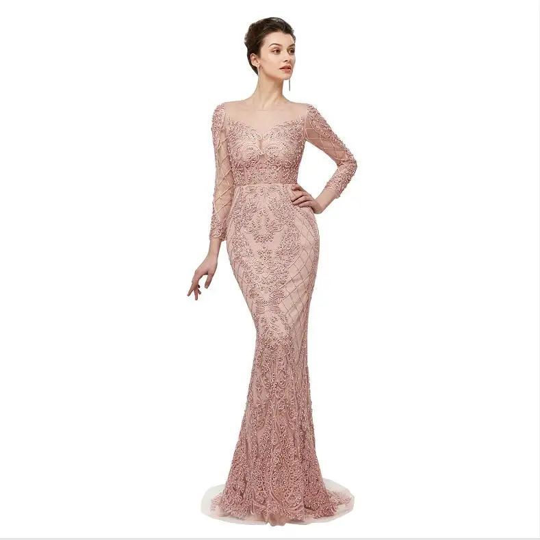 Same as Picture JaneVini Luxury Mermaid Mother of The Bride Dresses Lace Long Sleeve Beading Illusion Back Tulle Sweep Train Evening Party Gowns - Color: Same as Picture
