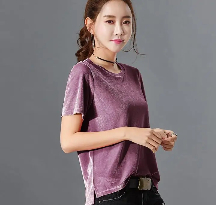 2022 Summer Gold Velvet Crop Tops Women T Shirt Fashion O-neck Short Sleeve T-shirt Ladies Casual Velour Tees | Женская одежда