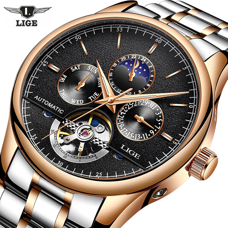 LIGE бренд Для мужчин часы автоматические механические Tourbillon спортивные