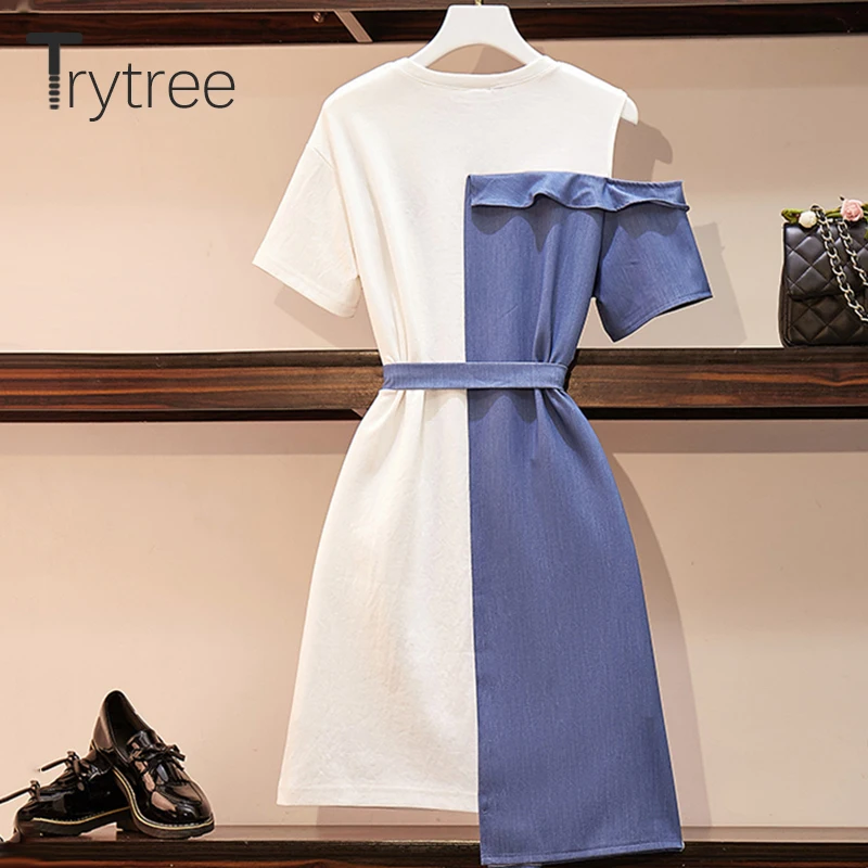 Trytree/летнее платье для женщин Повседневная Асимметричная хлопковая Футболка с