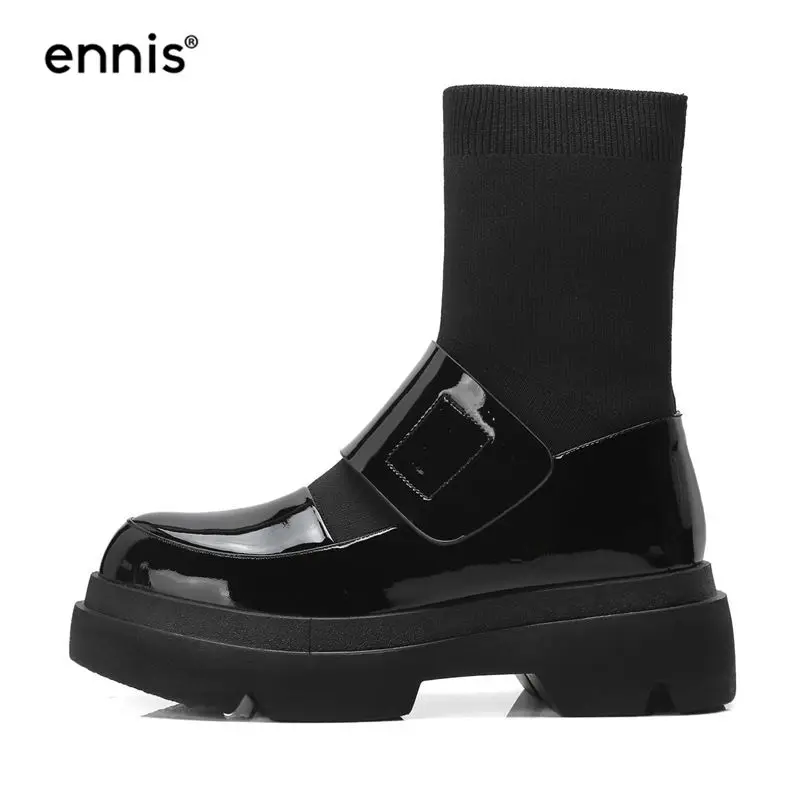 ENNIS/; женские ботильоны на платформе; красные лакированные кожаные ботинки; черная обувь на толстой подошве; женские ботинки на плоской подошве с круглым носком; сезон осень; A8190 - Цвет: Black