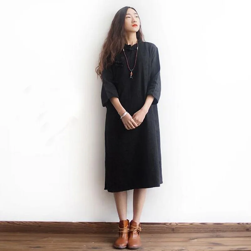 Однотонное Хлопковое платье весна-осень 2017 женское длинное Повседневное