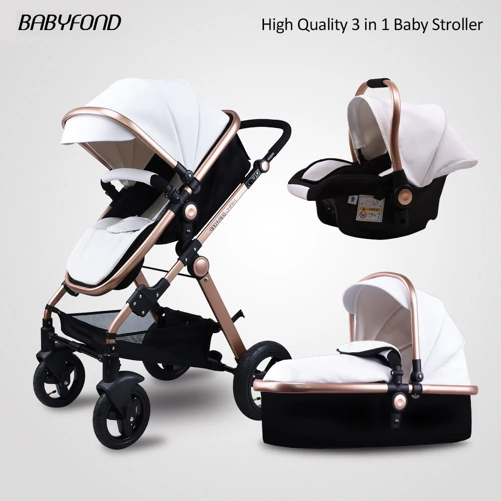 white 3in1 Babyfond, черная, 3в1 коляска,, реверсивное сиденье, с ручкой, роскошные кожаные детские коляски, 0-3 года, высокий пейзаж - Цвет: white 3in1
