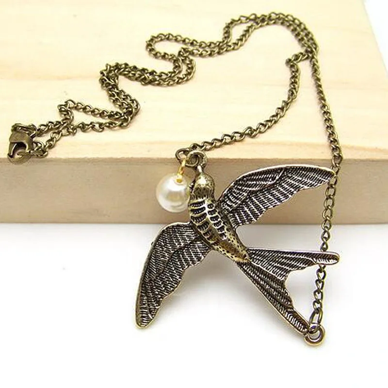 Классическое ретро бронзовое металлическое ожерелье Ласточка Длинная цепочка