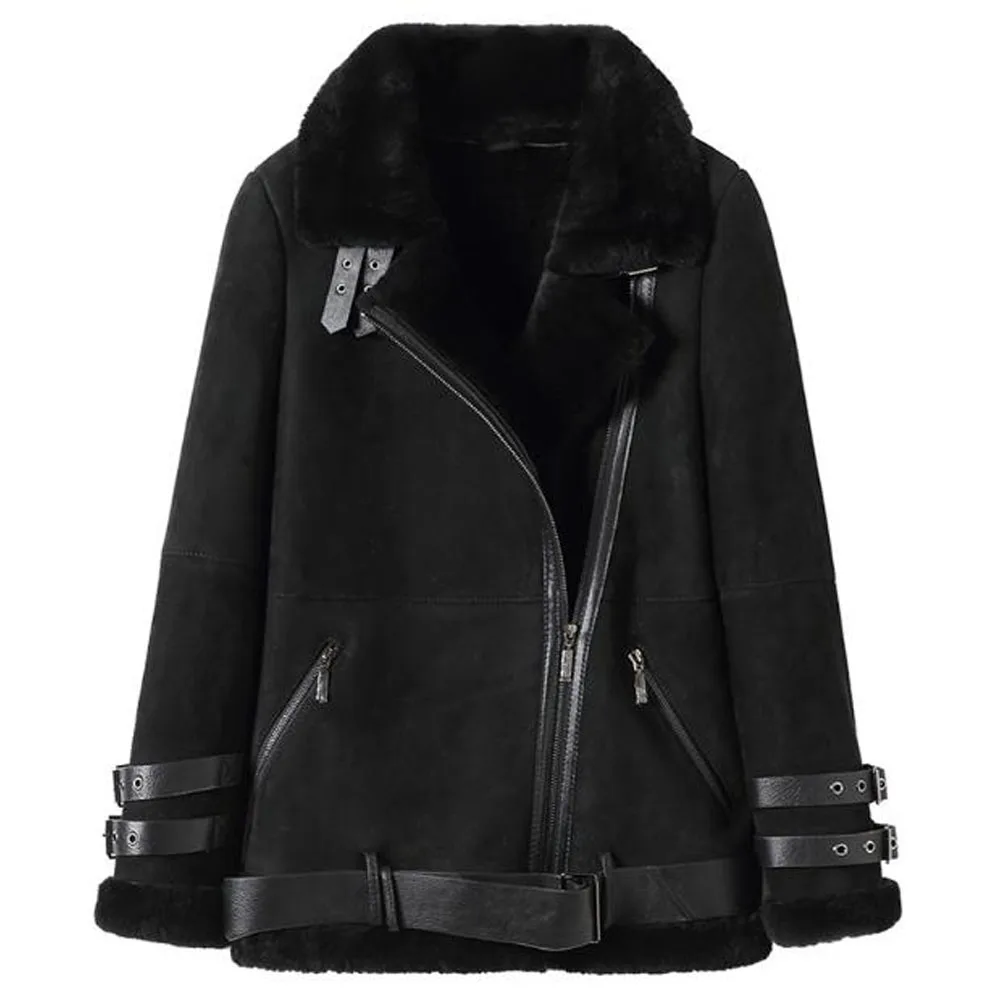 Women's B3 Shearling Jacket Women's Short Motorcycle Jacket Women's Winter Leather Warm Jacket