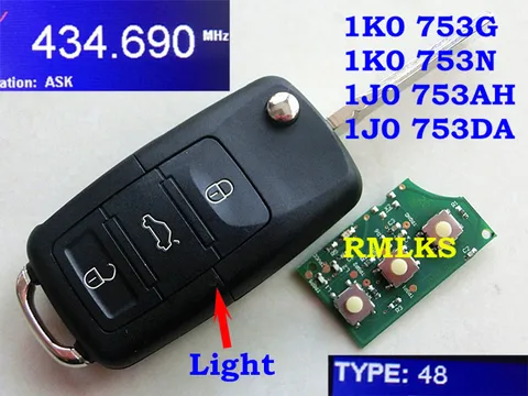 Складной дистанционный ключ RMLKS с откидной крышкой для VW 1K0959 753G/753N 1J0959 753AH / 753DA 434MHZ ID48