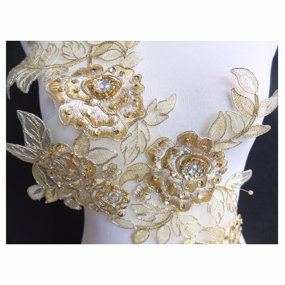 Free Shipping 5pcs/lot x New 3D Handmade Gold/Cream Beaded Sequin Flower Embroidery Organza Lace Applique Patches Collar BNC135E | Дом и сад