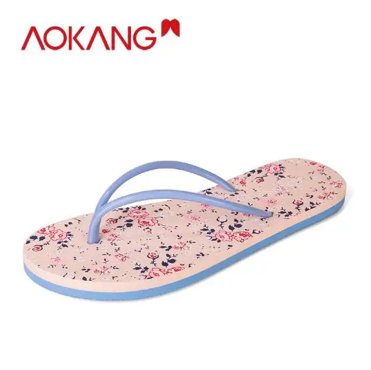 AOKANG/тапочки; женские сандалии; Вьетнамки; женские плоские цветы; шлепанцы с принтом; пляжная обувь; chaussures femme; обувь на платформе; zapatos - Цвет: 9832226806