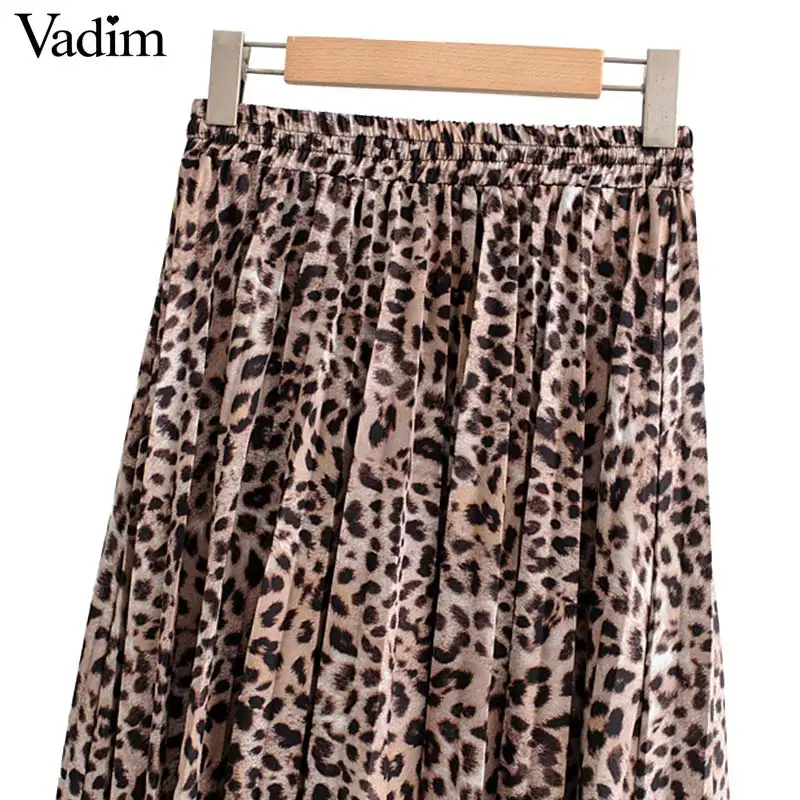 Vadim women stylish leopard print pleated skirt snake faldas mujer Drawstring tie elastic waist casual mid calf skirts BA108