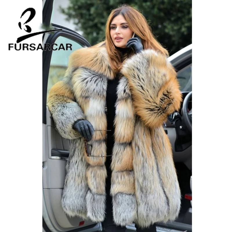 Роскошная новинка от FURSARCAR женская зимняя блестящая куртка с отложным воротником