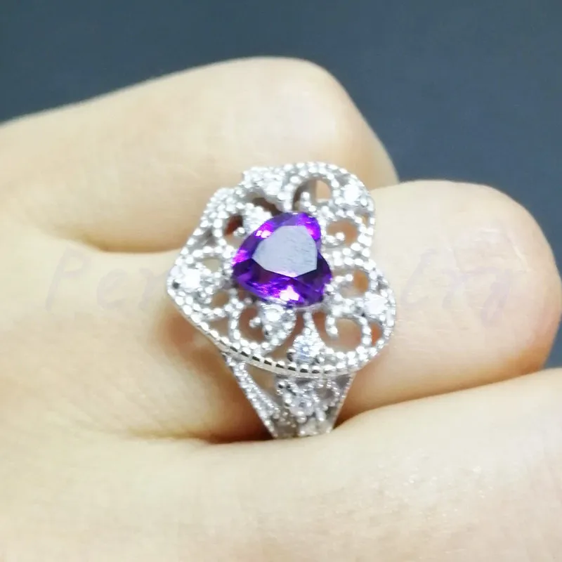 Per jewelry Natural real amethyst love heart style big ring Free shipping 925 sterling silver 0.8ct gemstone T95306 | Украшения и