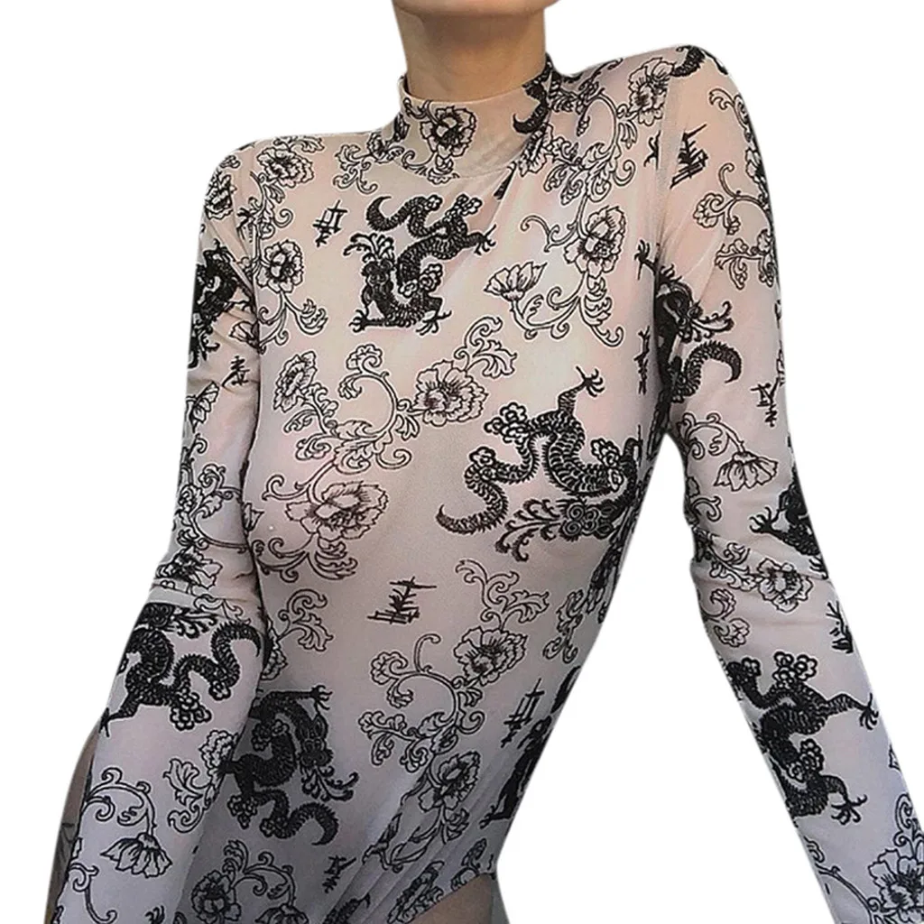 CHAMSGEND Модный женский сексуальный комбинезон с длинным рукавом и принтом пиона