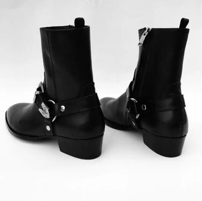 2019 FR.LANCELO Black Soft Genuine Leather Metal Buckle Cross Men Boots Chelsea Flats Zipper Shoes Mens Zapatillas | Обувь