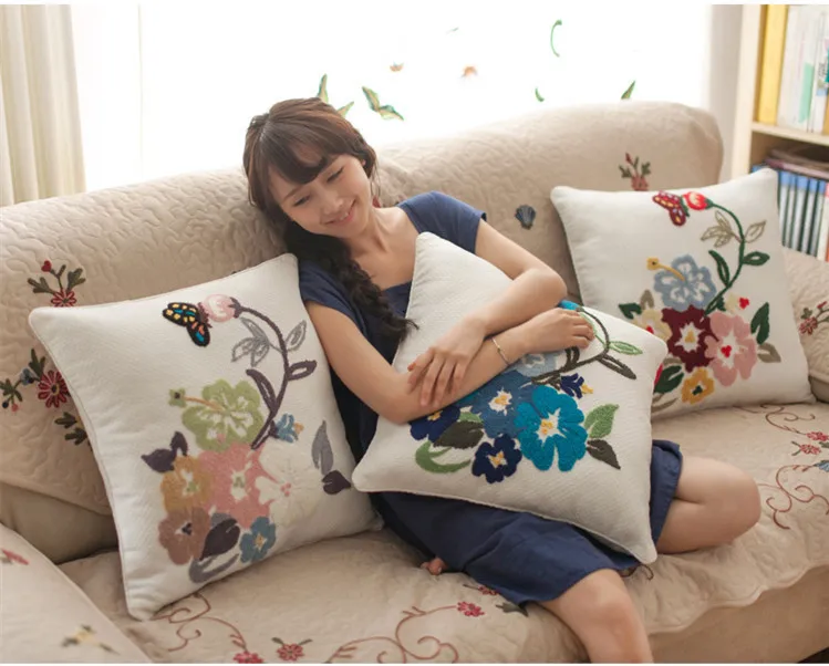 Handmade Emroidered Colorful Flowers Sofa Back Cushion Cover Beautiful Cotton Linen for Home/Car Decor | Дом и сад