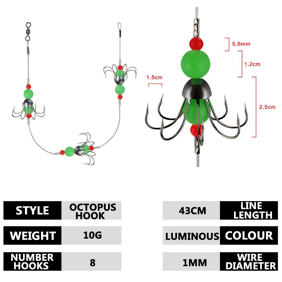 5 шт. рыболовный крючок для кальмаров с восьмикоготком со светящимися бусинами