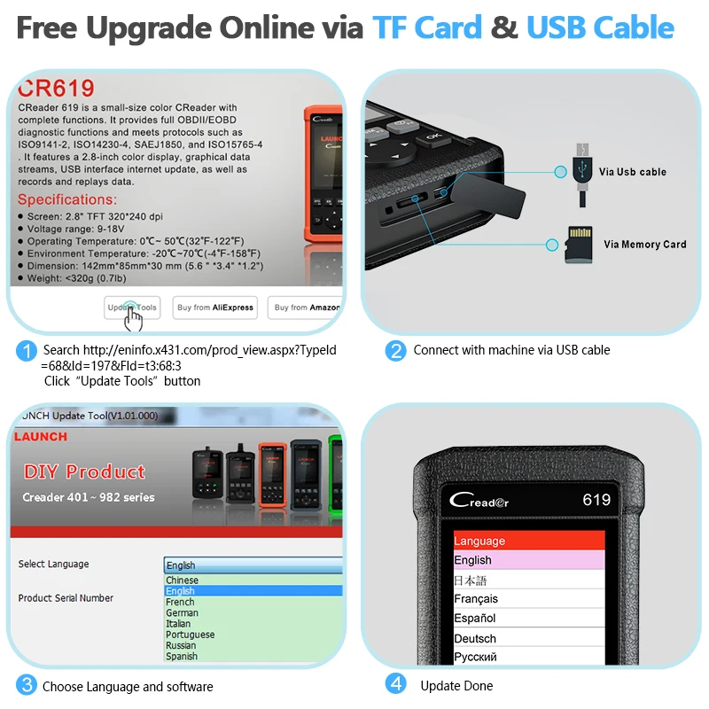 Launch X431 CR619 OBD2 сканер ABS Airbag считыватель кода неисправности ODB2 автомобильный