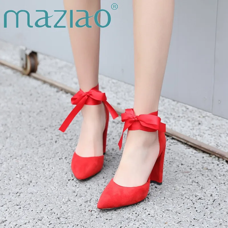 Женские свадебные туфли лодочки MAZIAO красные на высоком толстом каблуке с лентами
