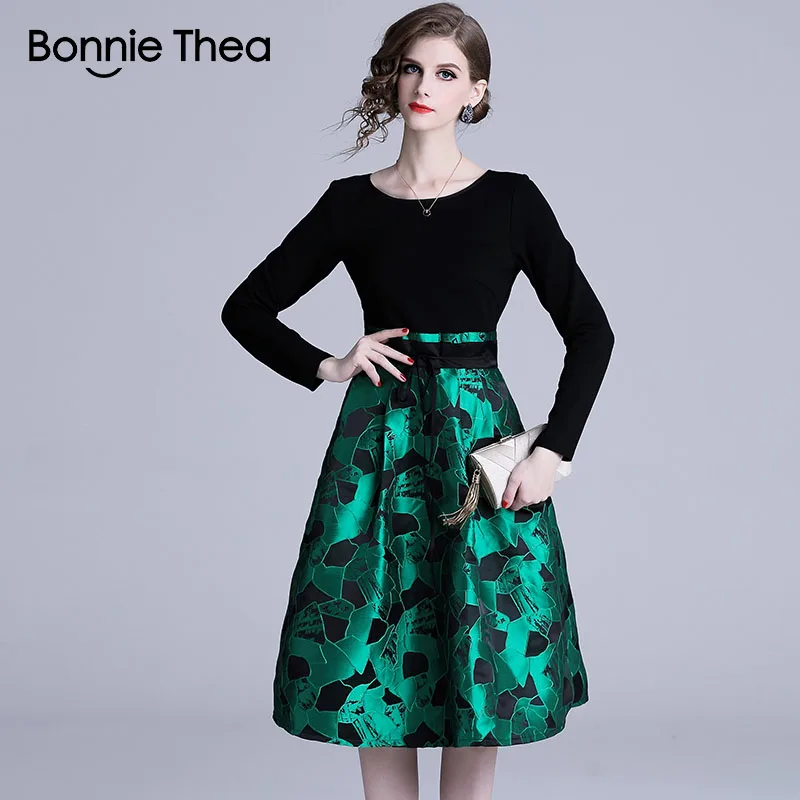 Bonnie Thea женское зеленое жаккардовое платье осеннее элегантное вечернее с