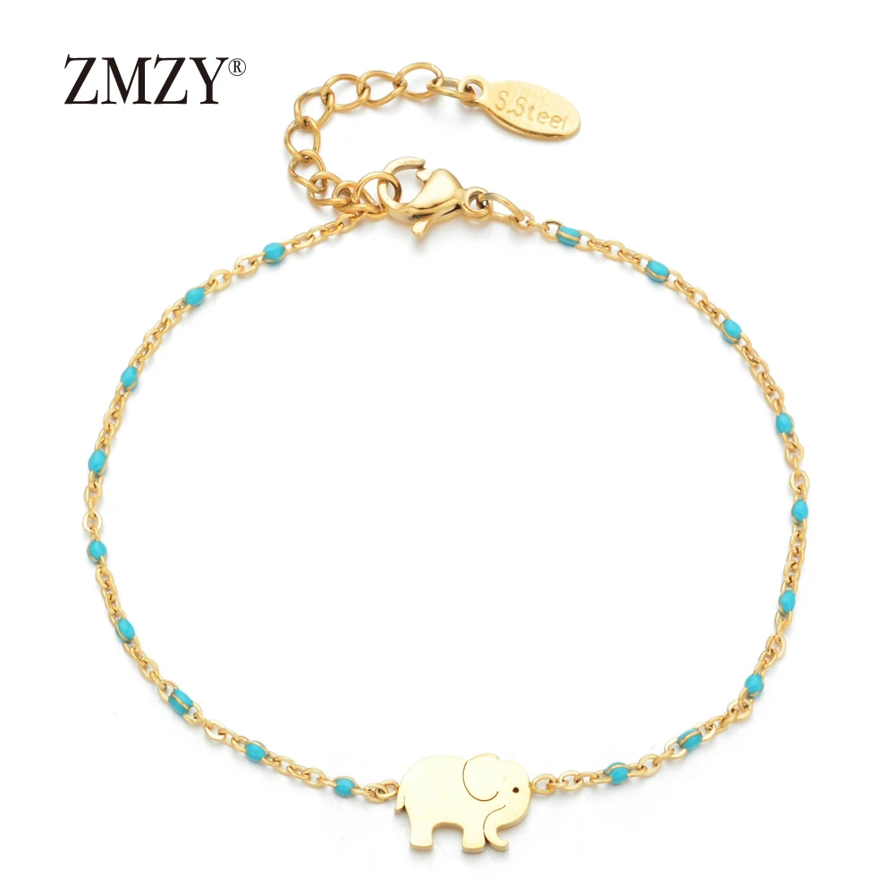 light-blue ZMZY Dainty браслет со слонами подвеска золотого цвета браслет Femme цепочка на запястье ювелирные изделия из нержавеющей стали браслеты на удачу для женщин - Окраска металла: light-blue