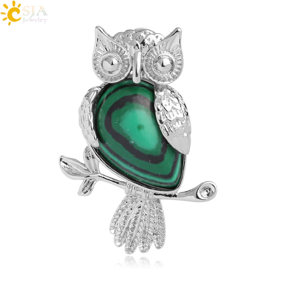 Malachite CSJA животное сова кулон в форме капли воды в форме натуральный камень кварц кристалл серебряный цвет кулон для ожерелья для женщин мужчин ювелирные изделия G076 - Окраска металла: Malachite