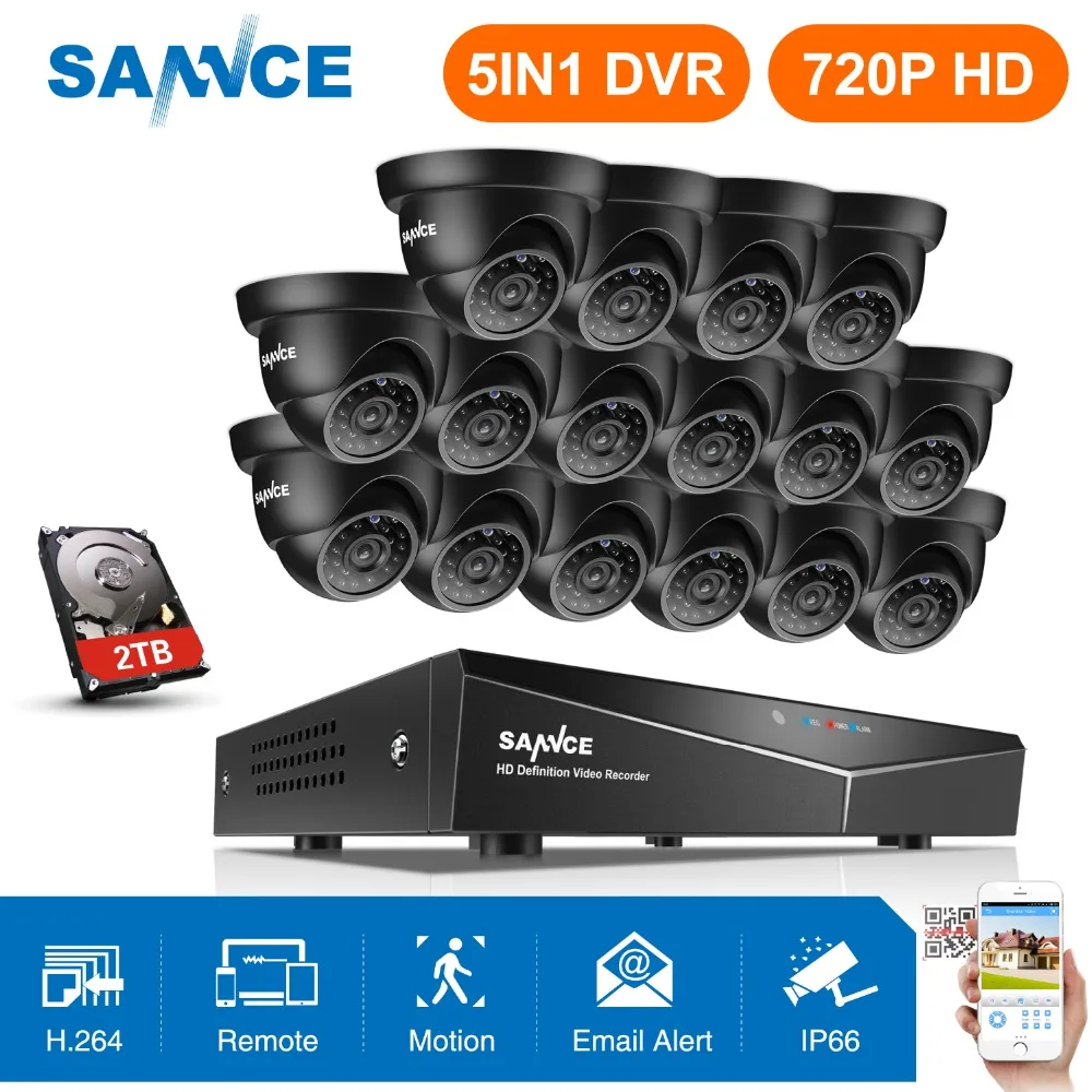SANNCE 720P 16CH HD 1080N 5 в 1 DVR CCTV система безопасности 16 шт. 1280*720P IR IP66 Наружные камеры 1.0MP