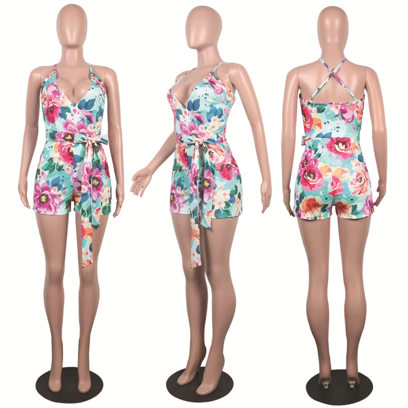 

Adogirl Floral Print Women Jumpsuit Sexy Wrap V Neck Spaghetti Straps Casual Romper Fashion Holiday Outfits Playsuit Beach Wear