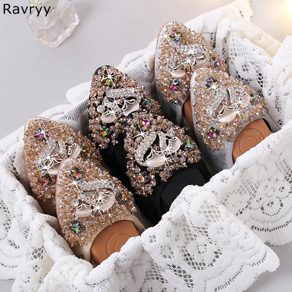 

Bling Bling Crystal Decor Silver Woman single shoes fox rhinestone slip-on female dress shoes flats comfortable round toe shoes
