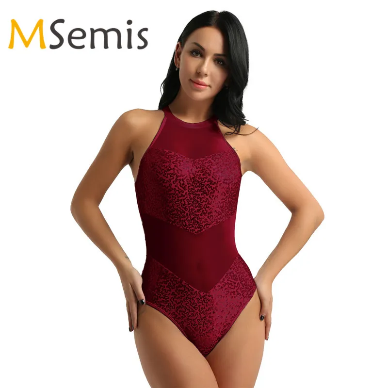 Женское балетное трико женское Сетчатое боди с лямкой на шее и блестками