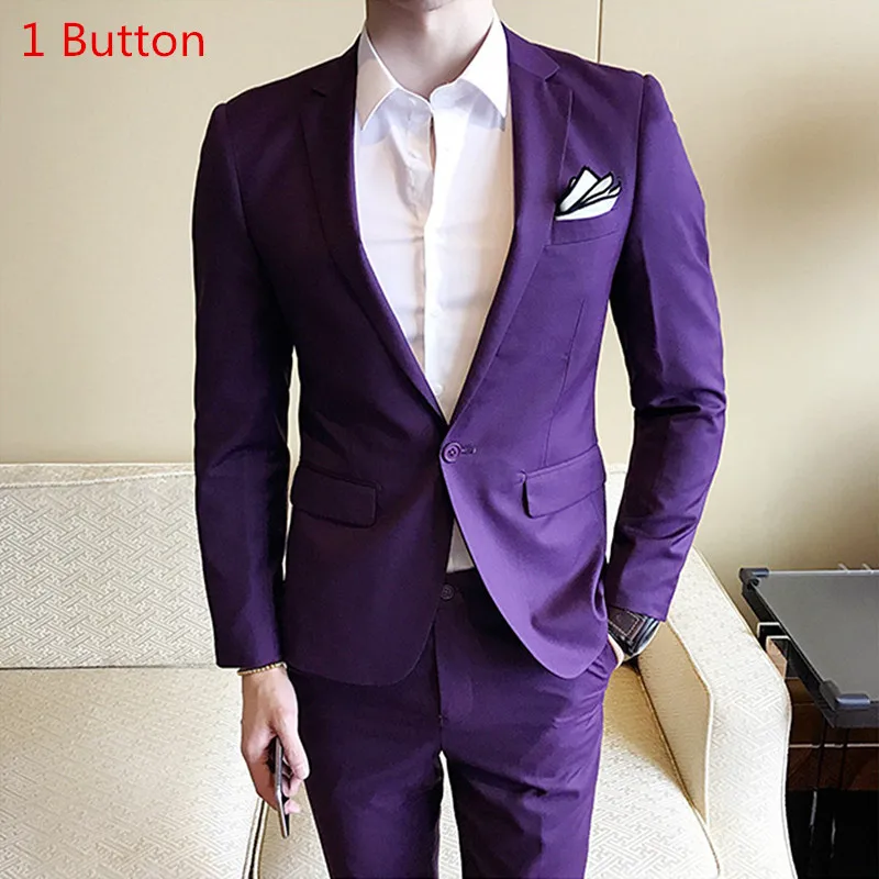 1 buttons purple Пальто брюки) бизнес-отделка высокое качество мужские костюмы два комплекта свадьбы Повседневные Вечерние Классические Серые Костюмы Блейзер одежда - Цвет: 1 buttons purple
