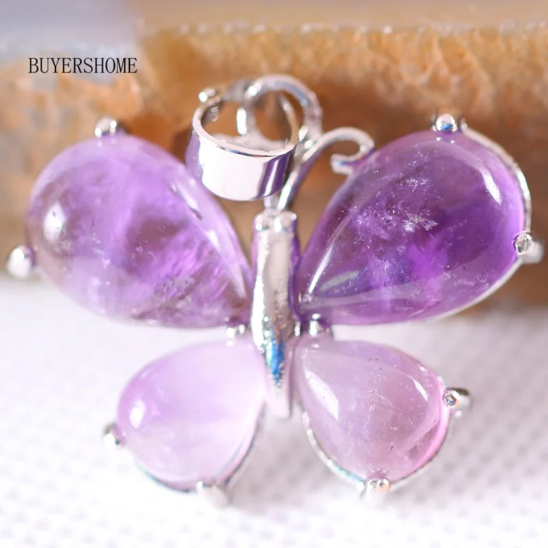 Purple Amethyst Серебряный цвет Женская подвеска ожерелья в виде бабочки натуральный камень зеленый авантюрин Малахит Кристалл Lapis опал Howlite 1 шт - Окраска металла: Purple Amethyst