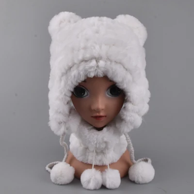 white set Детские меховые шапки, шарф-кольцо с помпоном, шапочки для девочек, настоящий мех кролика, помпон, шапка с широкими полосками, ручная работа, зимние шапки с ушками - Цвет: white set