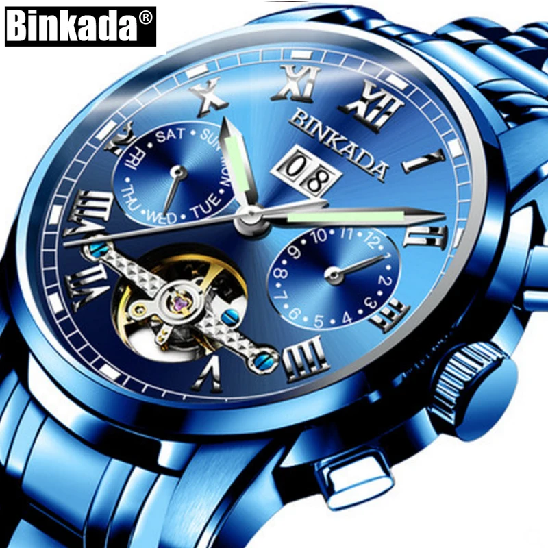 Автоматические механические мужские часы Новые Роскошные BINKADA Скелетон Tourbillon Модные Спортивные Повседневные функциональные часы Relogio Masculino