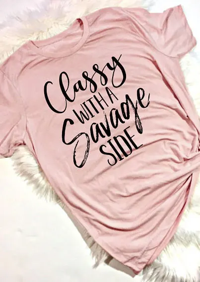 

Women T-Shirt Short Sleeve Classy With A Savage Side T-Shirt Solid Pink Letter Printed Tee Female Casual Long Ladies Top T shirt