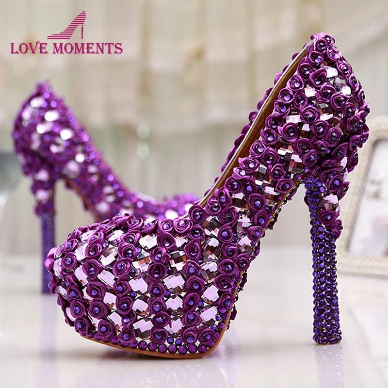 

Large Size 11 Gorgeous Purple Crystal Platform Heels Pumps Women Wedding Party Dress Shoes 5 Inches Wedding Bouquet Prom Shoes