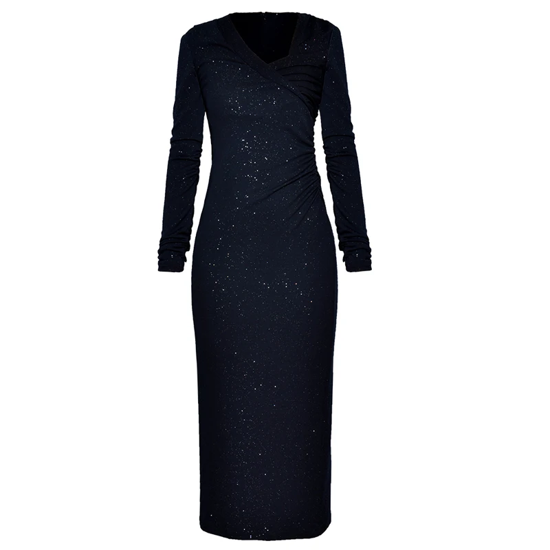 

glitter bling dress irregular collar ruched waistline back vent ankle length long sleeve maxi dress runway navy bodycon dress