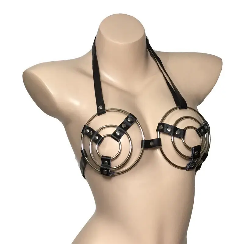 

Женский кожаный ремень, бюстгальтер с металлическим кольцом и лямкой на шее, с открытой чашкой