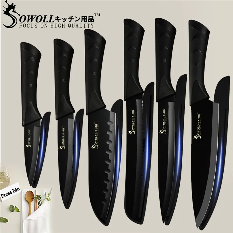 A.6pcs set Sowoll Превосходное качество 7Cr17 набор кухонных ножей из нержавеющей стали ножницы Держатель ножей японские кухонные ножи инструменты 8 шт. набор - Цвет: A.6pcs set
