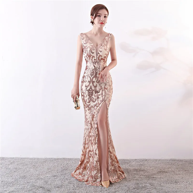 

Женское вечернее платье с блестками, длинное облегающее платье золотого цвета с глубоким V-образным вырезом, без рукавов, с открытой спиной, ...