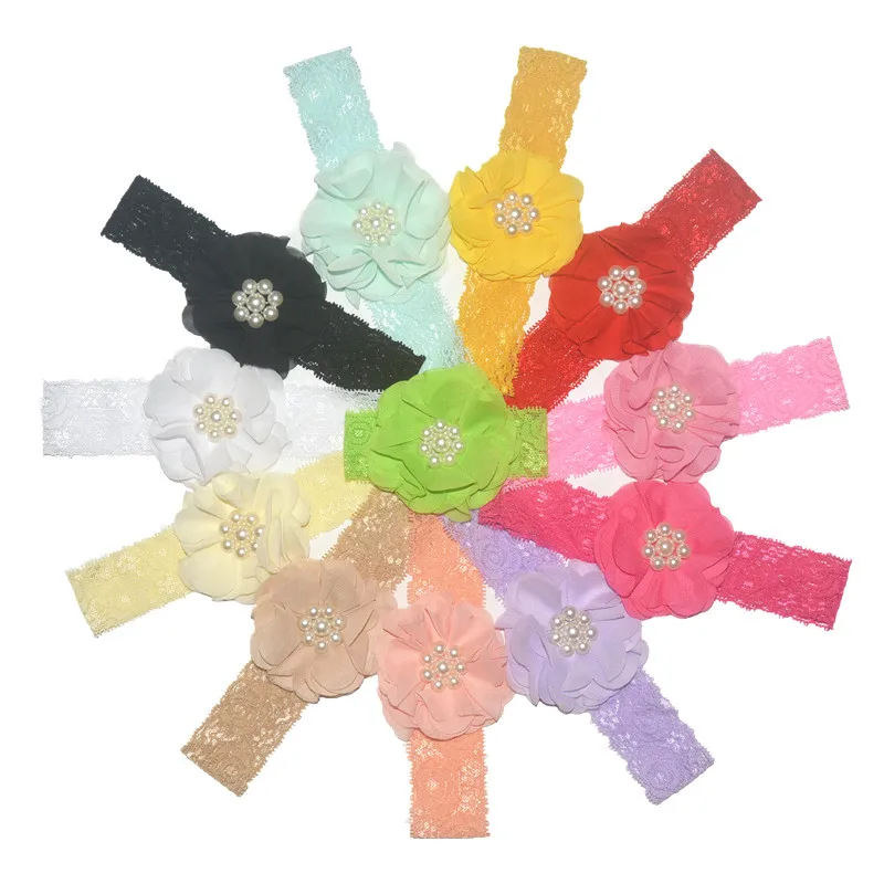 

20 pcs / lot , 7cm pearl chiffon flower with lace elastic headband for hair accessories headwear