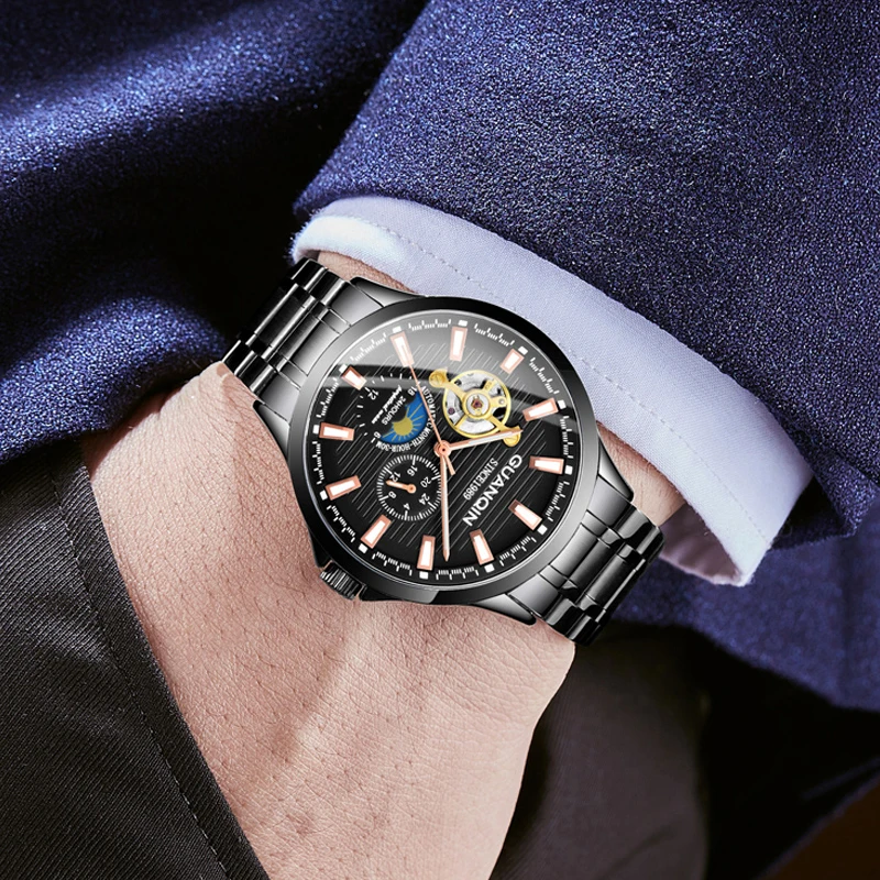 

GUANQIN 2020 new watch men waterproof Automatic Luminous men watches top brand luxury skeleton clock men leather erkek kol saati