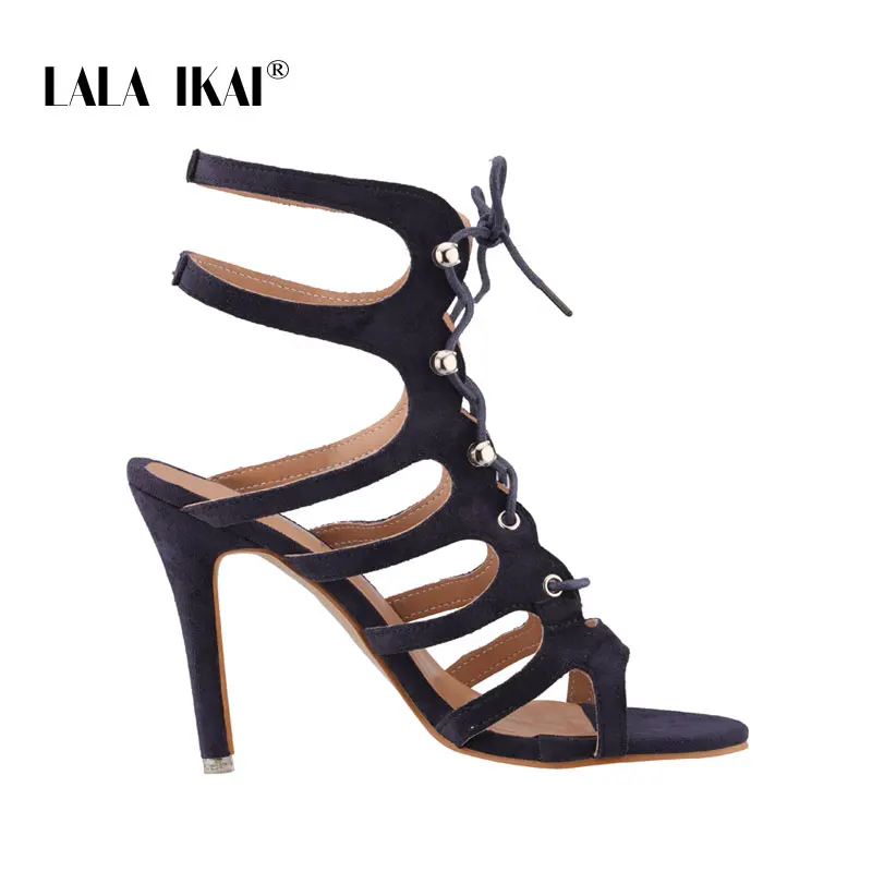 Dark Blue LALA IKAI/женские босоножки, коллекция года, летние туфли на высоком каблуке с вырезами для вечеринок, женские босоножки на тонком каблуке со шнуровкой, sapato feminino 014C3816-4 - Цвет: Dark Blue